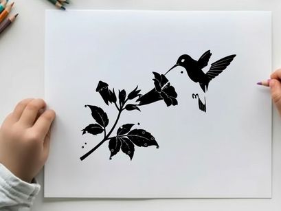 Silhouette of hummingbird feeding from flower branch