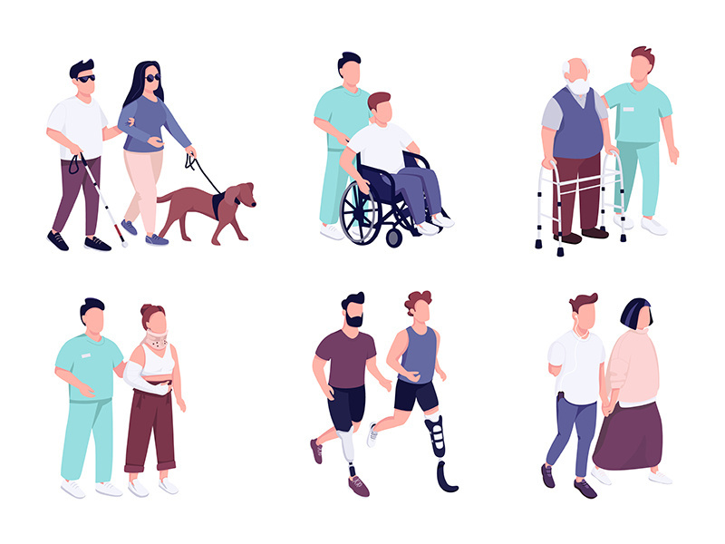 People with disability activities flat color vector faceless characters set