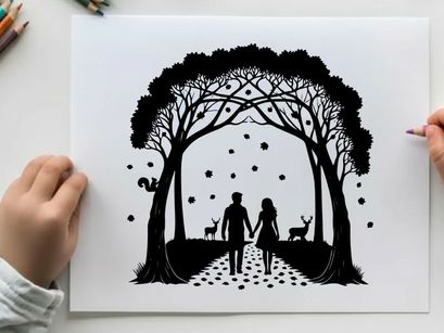 Romantic silhouette of couple walking hand in hand under tree arch