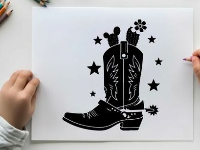 Western cowboy boot silhouette with cactus and stars