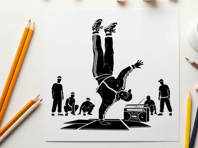 Breakdancer in silhouette performs dynamic move with friends