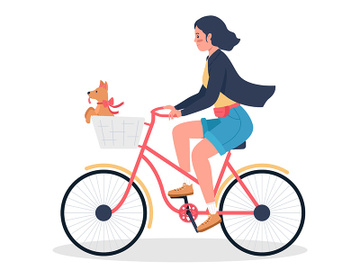 Woman riding on bicycle with puppy in basket flat color vector detailed character preview picture