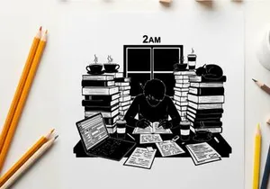 Late night study session with cat silhouette