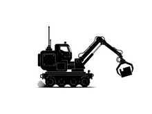 Silhouette of a heavy duty excavator machine in profile view
