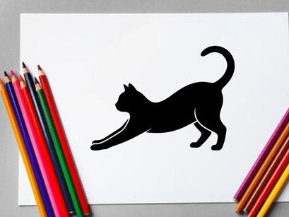 Silhueta de um gato se alongando em preto sobre fundo branco