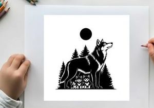 Silhouette of a wolf howling at the moon in a forest