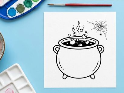 Boiling cauldron with bubbling liquid and rising steam. Classic witch pot emitting mystical smoke on sturdy tripod stand.