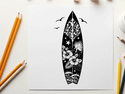 Silhouette of a decorated surfboard with floral design and birds