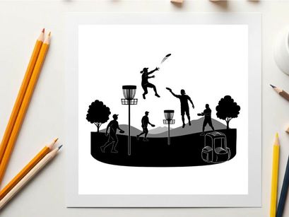 Silhouette of people playing frisbee golf in a park with trees and baskets