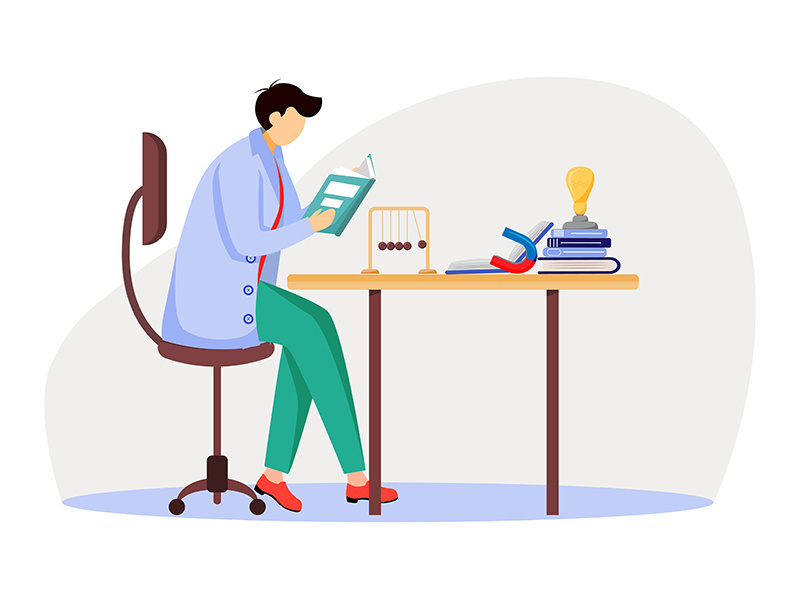 Scientist at his working place flat vector illustration