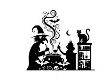 Silhouette of witch and child with cat brewing potion in spooky atmosphere