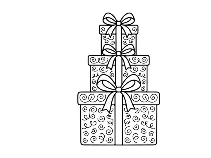 Stack of Christmas gift boxes with bows, black and white line art illustration.