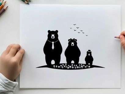 Silhouette of a bear family in a forest landscape