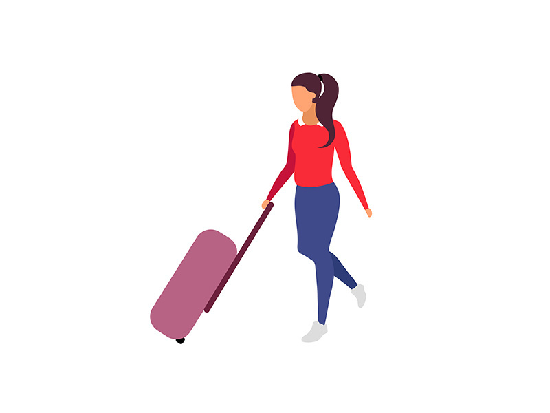 Female traveler holding luggage flat color vector faceless character