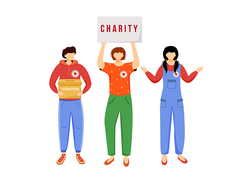 Volunteers collecting donations flat vector illustration