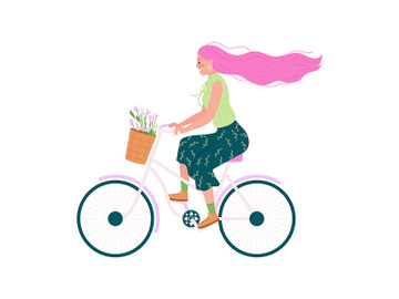 Caucasian woman in bicycle flat color vector detailed character preview picture