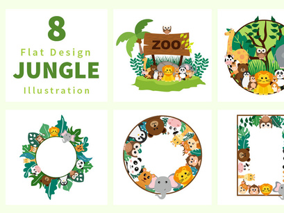 8 Jungle Animals and Zoo Cartoon Flat Style
