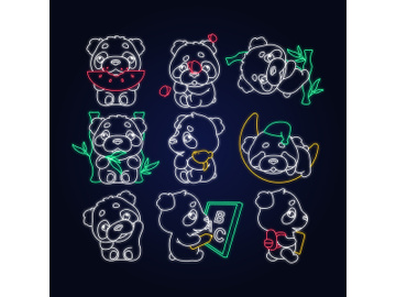 Cute panda kawaii neon light characters pack preview picture