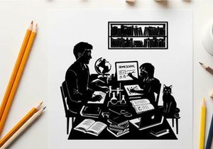Silhouette of two people working at a desk with silhouette cat