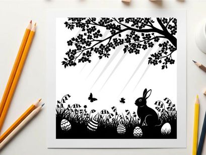 Easter bunny silhouette under tree with eggs and butterfly