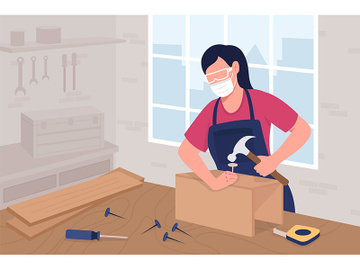 Female carpenter in mask and protective glasses at work flat color vector illustration preview picture