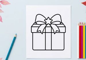 Christmas gift box icon with ribbon bow, simple black and white line art vector illustration