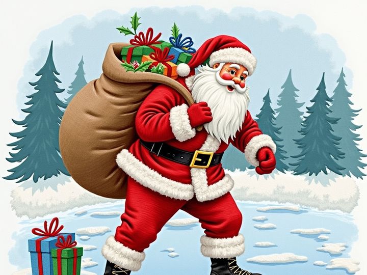 Santa Claus skates across the ice, delivering gifts.