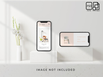 Mockup Template Smartphone is on the white marble podium preview picture