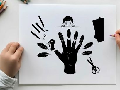 Silhouette of a hand with feathers and a child