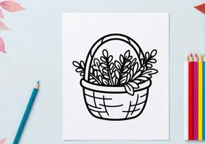 Hand-drawn Halloween basket filled with autumn leaves. Whimsical woven trick-or-treat container holding fall foliage for seasonal decor.