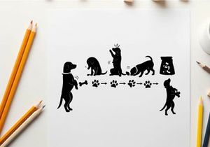 Silhouette of dogs playing fetch with paw prints and dog food