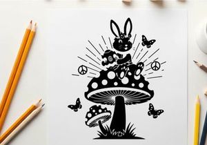 Peaceful silhouette of bunny on mushroom with butterflies