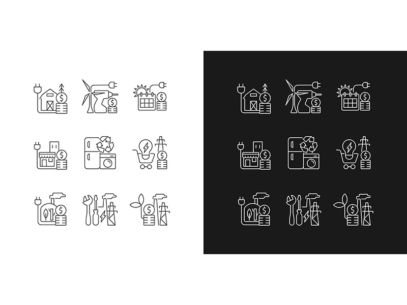 Electrical energy cost linear icons set for dark and light mode