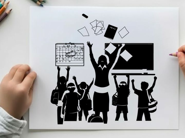 Silhouette of students and teacher celebrating in a classroom setting silhouette