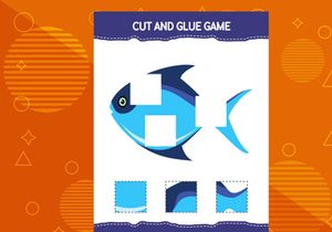 10 Pages Cut and glue game for kids with fish. Cutting practice for preschoolers. Education worksheet.