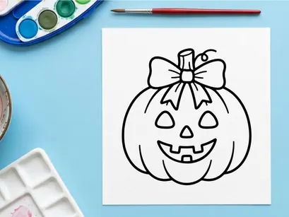 Cute cartoon jack-o'-lantern with bow for Halloween decor. Smiling pumpkin illustration for festive seasonal design projects.