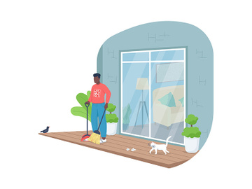 African american man sweeping porch flat color vector faceless character preview picture