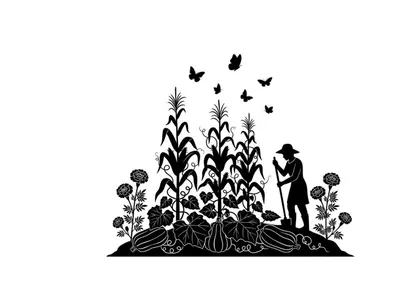 Silhouette of a farmer working in a field with butterflies and flowers