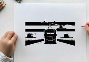Truck driving down a highway in silhouette at dusk