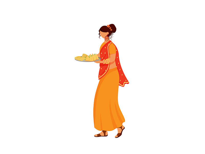 Indian girl wearing sari flat color vector faceless character