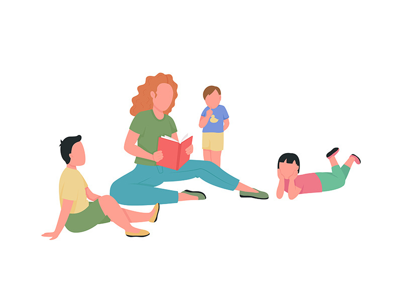 Woman read to children flat color vector faceless characters