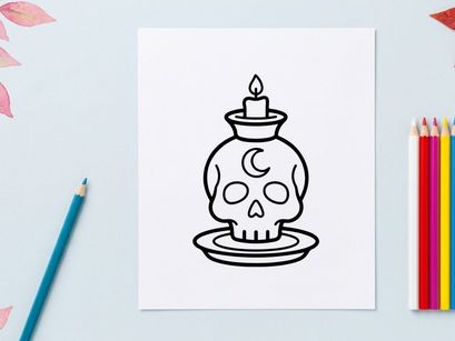 Queimador de incenso de caveira cerâmica de Halloween com bastão aceso. Suporte de vela decorativo assustador para o Dia dos Mortos ou decoração de casa gótica.
