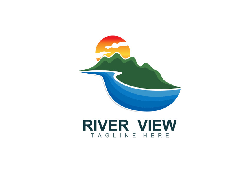 River Logo Design, River Creek Vector, Riverside Illustration With A Combination Of Mountains And Nature, Product Brand