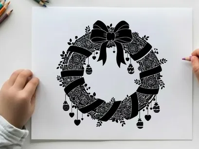 Black and white silhouette christmas wreath with bow and ornaments