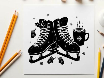 Silhouette of ice skates and hot chocolate in winter silhouette
