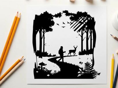 Silhouette of a person and deer in forest landscape