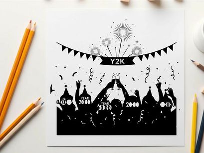 Y2k party silhouette with fireworks and confetti celebration