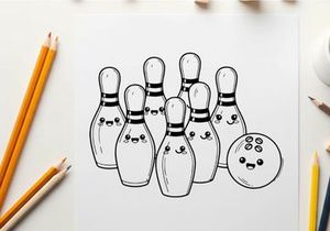 Cute bowling pins and ball smiling vector illustration