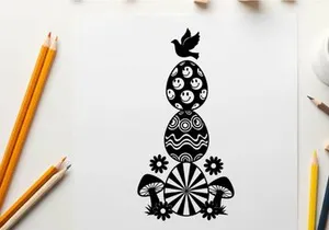 Whimsical silhouette of stacked eggs with mushrooms and flowers