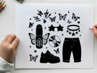 Silhouette illustration of 90s items and butterflies silhouette